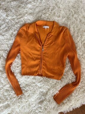 Emory Park Orange Ribbed Zip-Front Cropped Top